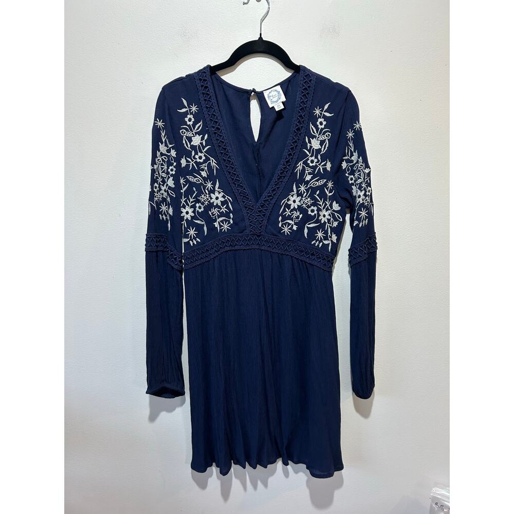 Blue Rain boho dress size M navy cream embroidery v neck long sleeve